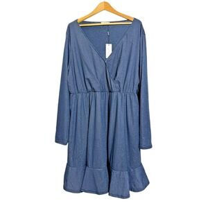 NEW IN'VOLAND Dress Women 22W Skater Blue Metallic Sparkle Ruffle Wrap V-Neck